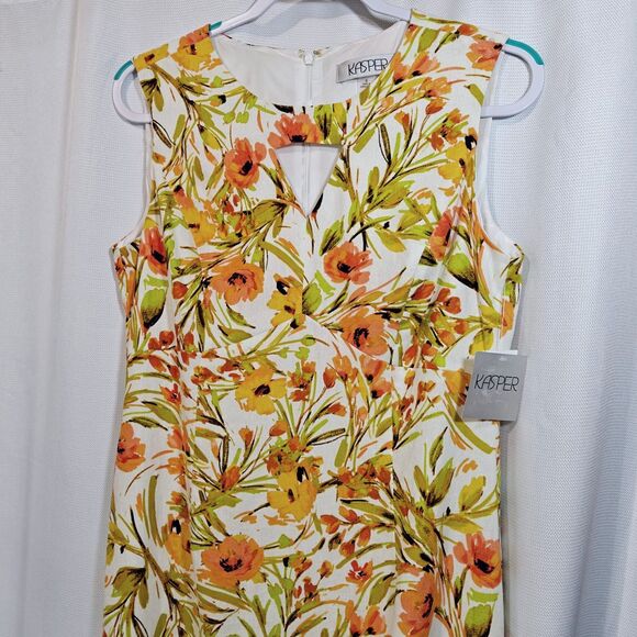 NWT Kasper Linen Blend Dress 8 Floral Sheath Straight Orange White Green Key New - Picture 2 of 10